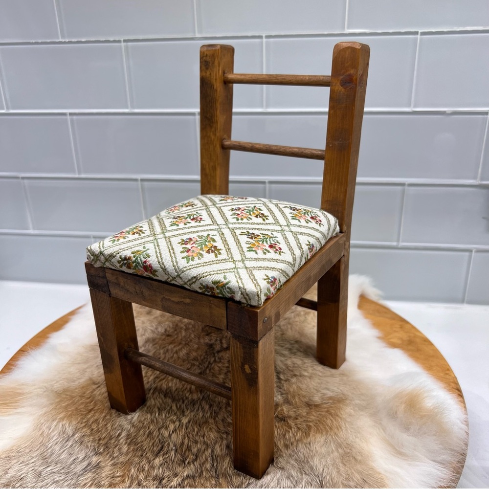 Handcrafted Mini Wooden Chair with Quilted Seat Cushion Doll Chair House Decor